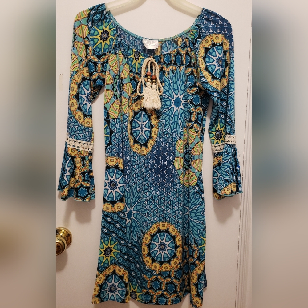 Moss Dottie's Boutique Turquoise and Yellow Bell Sleeve Tunic Dress Size Medium